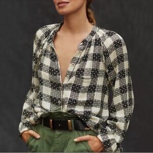 Anthropologie Pilcro Breezy Wool Blend Plaid Button Down Cream & Black Small